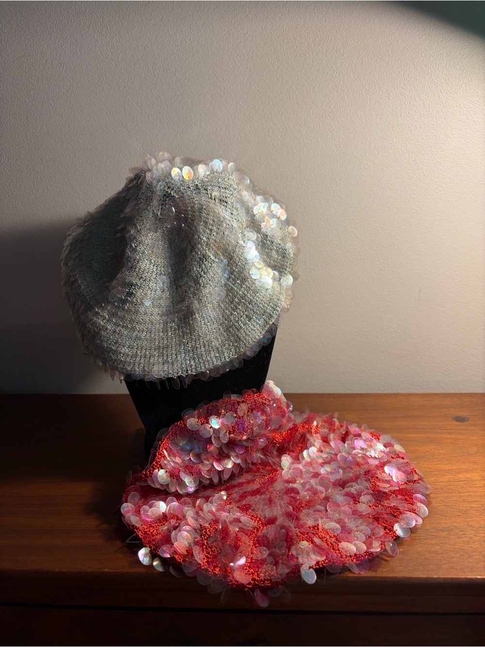 A Rare Matching Pair of Vintage Italian Iridescent Paillette Crochet Berets
